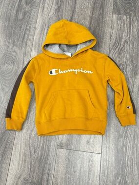 Champion Kids' Mustard Yellow Hoodie with Brown Sleeve Stripe